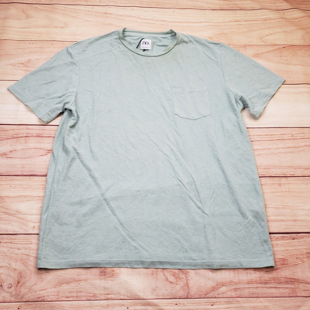 Zara Man Shirt Mens XXL 2XL‎ Light Sage Green Pocket Viscose Blend Short Sleeve